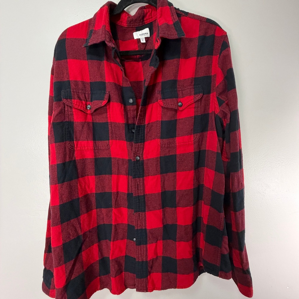 Sonoma Soft Flannel Shirt Womens XL Red Black Buffalo Plaid Cotton Button Down